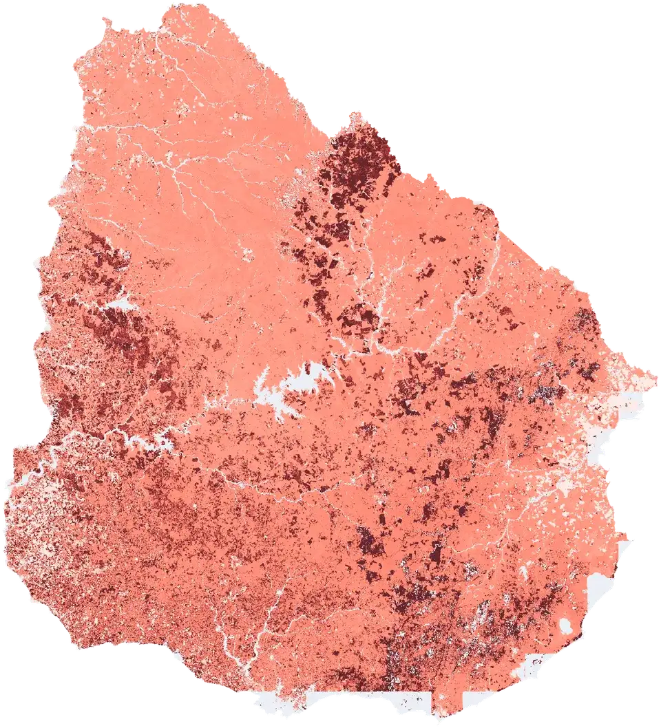 Mapa del Uruguay coloreado según Apropiación humana de la productividad primaria neta